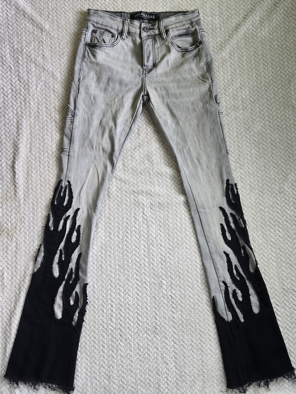 Valabasas Stretch Jeans Size 29 Button Fly Boot Cut Gray Black Flame